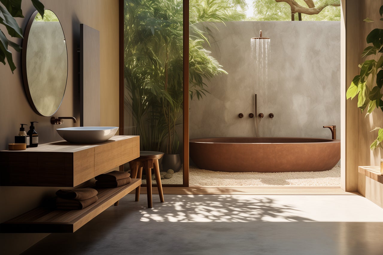 Lichte badkamer met wastafel, spiegel, bad en tuindouche