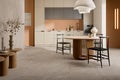 Lichte ruimte met tegelvloer, eettafel en kitchenette