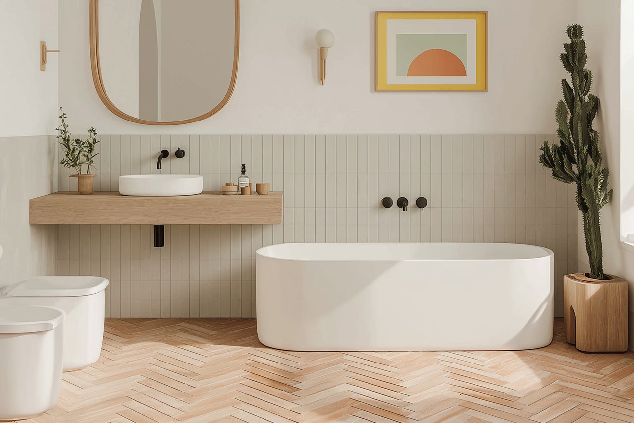 Lichte badkamer met bad, wastafel, toilet en houten vloer