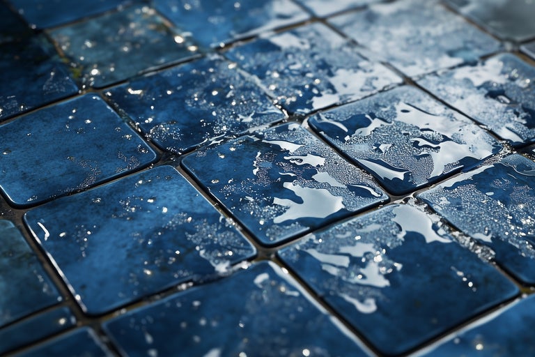 Close-up van vierkante, glanzende, blauwe mozaïektegels
