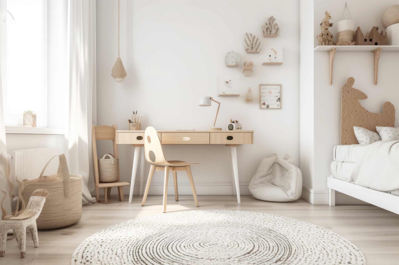 Lichte kinderkamer met bureau, stoel, vloerkleed en decoraties.