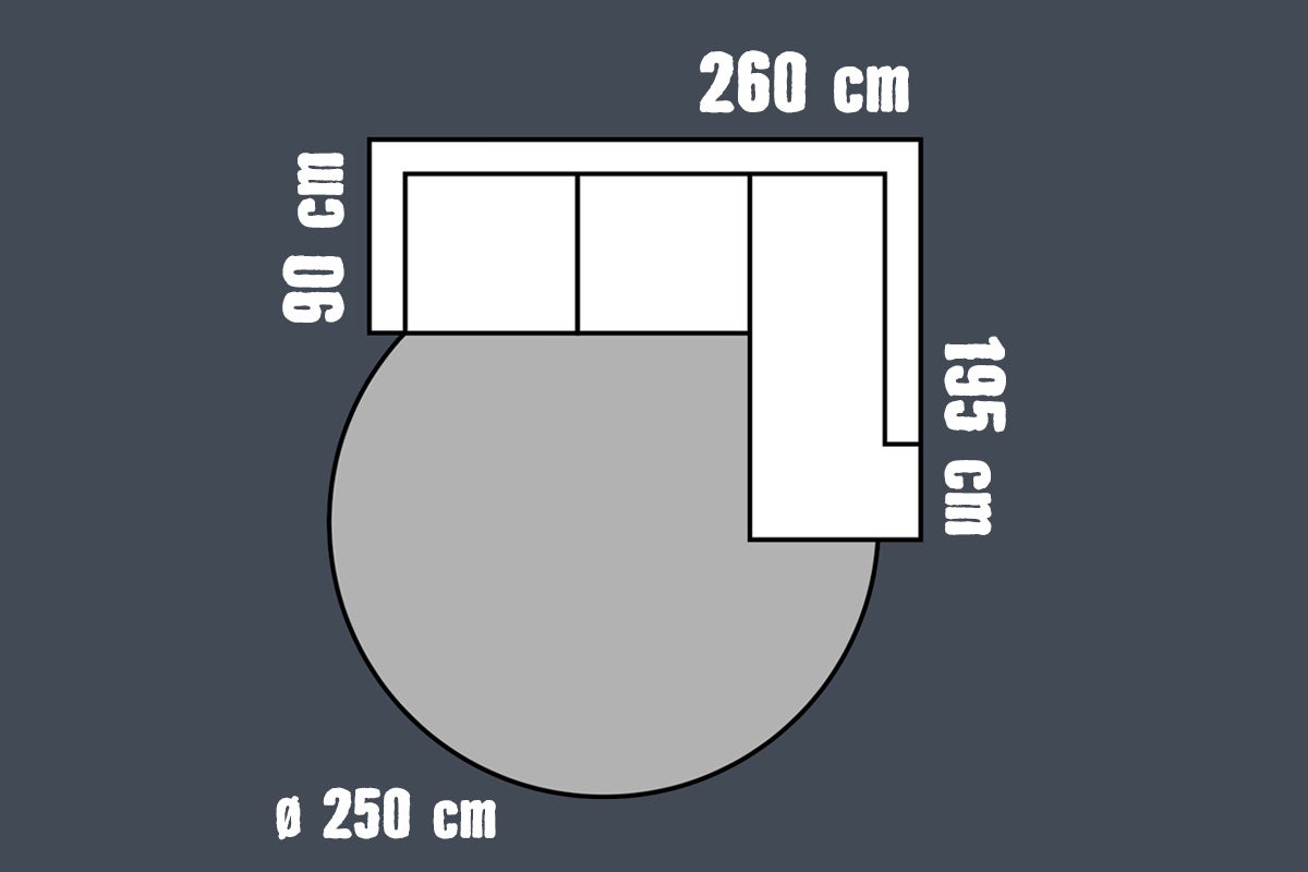 Schematische weergave van hoekbank en vloerkleed. Bank 260 centimeter bij 90 centimeter bij 195 centimeter. Rond kleed diameter 250 centimeter.
