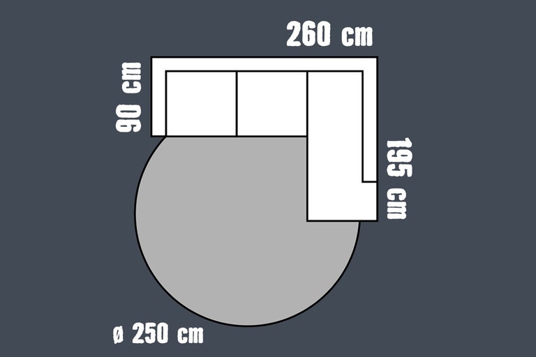Schematische weergave van hoekbank en vloerkleed. Bank 260 centimeter bij 90 centimeter bij 195 centimeter. Rond kleed diameter 250 centimeter.
