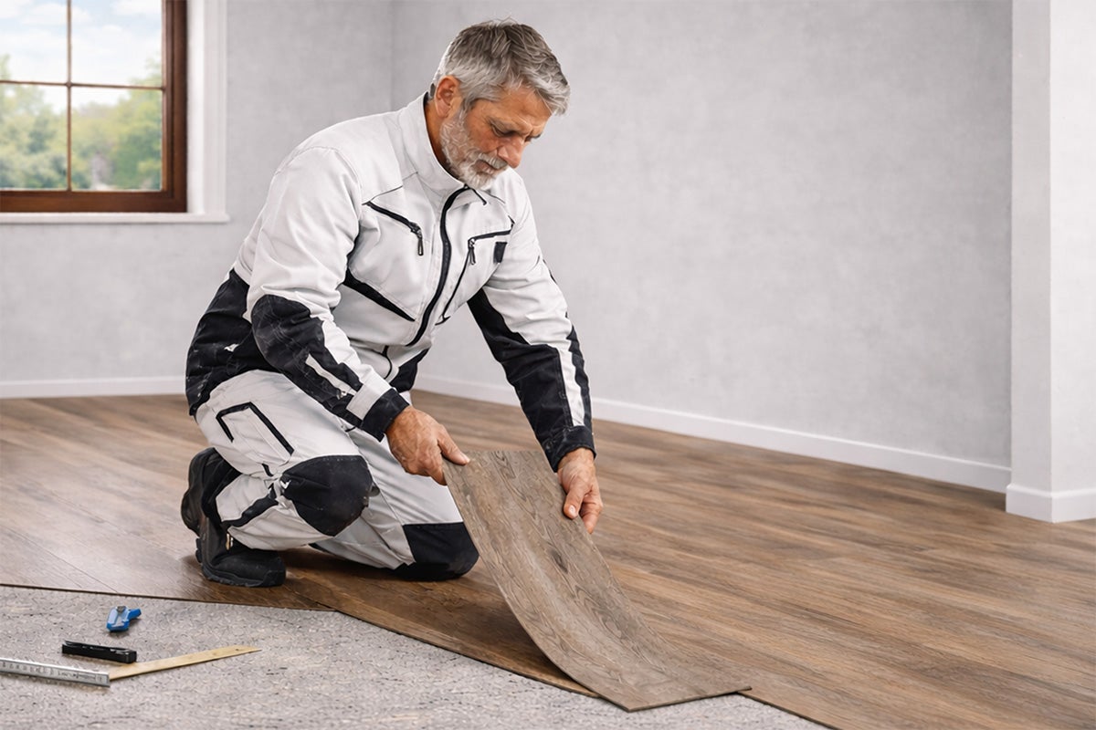 Een vakman legt een vloer met houtlook in een lichte kamer met grijze muren. Gereedschap zoals een duimstok en mes ligt klaar op de grond.