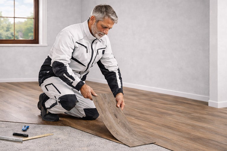 Een vakman legt een vloer met houtlook in een lichte kamer met grijze muren. Gereedschap zoals een duimstok en mes ligt klaar op de grond.