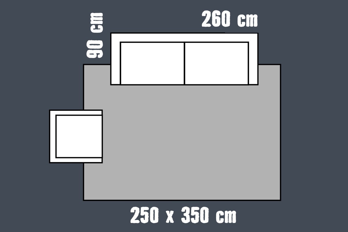 Schets van een vloerkleed met de afmetingen 250 bij 350 centimeter waarop een bank en een fauteuil zijn geplaatst.