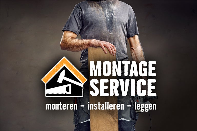 Vakman met houten plank, Hornbach Logo en tekst Montage Service voor monteren, installeren en leggen.