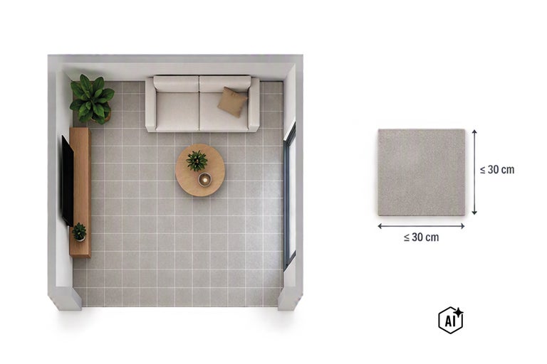 Bovenaanzicht van een woonkamer met tegels en afmetingen voor een enkele tegel van maximaal 30 bij 30 centimeter.