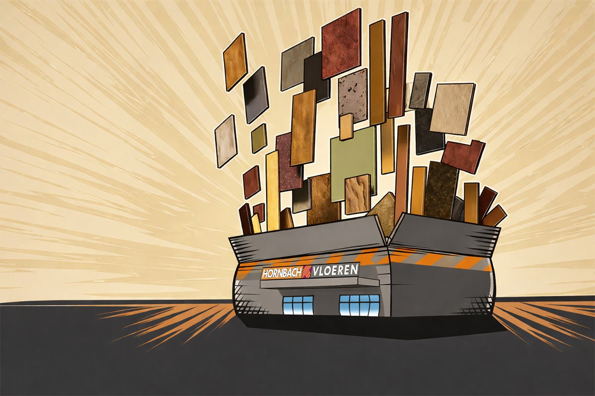 Illustratie van een Hornbach Vloeren winkel met Hornbach Vloeren Logo en vloerstalen in hout- en steenlook die uit het gebouw vliegen.