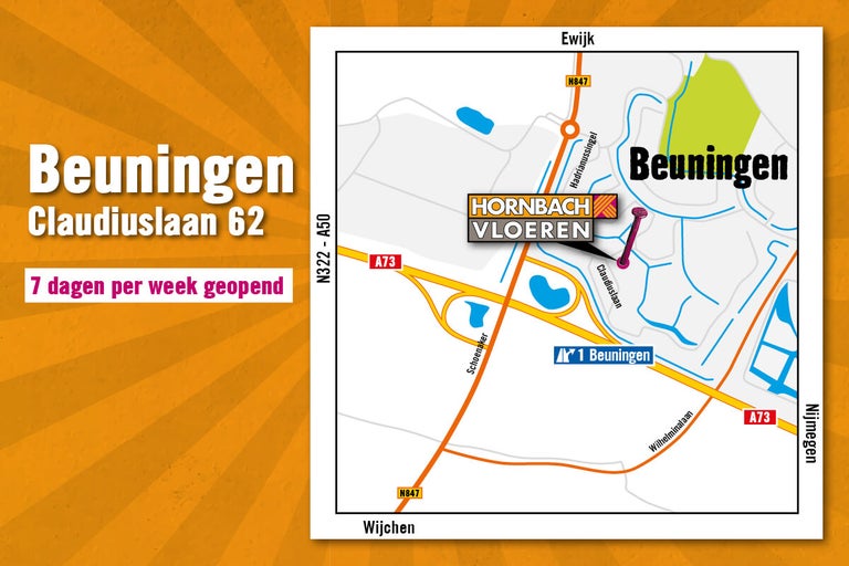 Locatiekaart van de Hornbach vestiging Beuningen aan de Claudiuslaan 62, zeven dagen per week geopend.