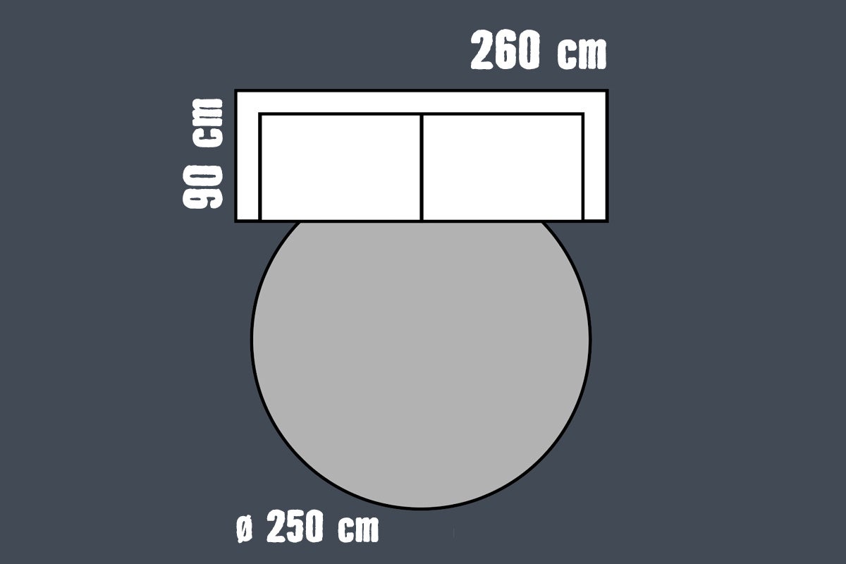 Maattekening van een bank met een breedte van 260 centimeter en een diepte van 90 centimeter voor een rond vloerkleed met een diameter van 250 centimeter.