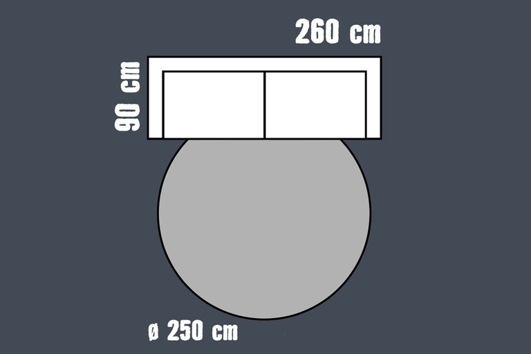 Maattekening van een bank met een breedte van 260 centimeter en een diepte van 90 centimeter voor een rond vloerkleed met een diameter van 250 centimeter.