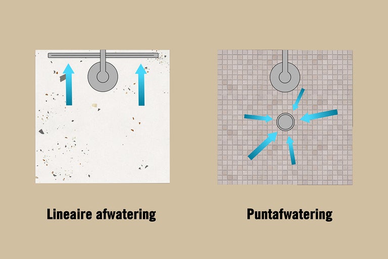 Vergelijking van lineaire afwatering met een douchegoot en puntafwatering met een doucheputje.