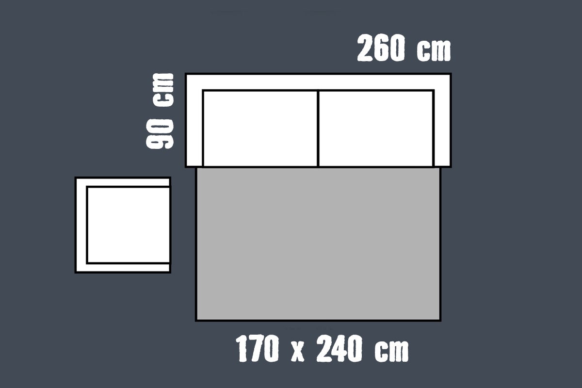 Maatschets van een tapijt van 170 bij 240 centimeter voor een bank en een fauteuil.