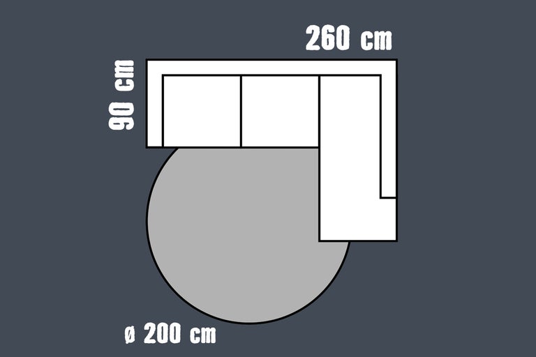 Schematische weergave van een rond tapijt met een diameter van 200 centimeter onder een hoekbank van 260 bij 90 centimeter.