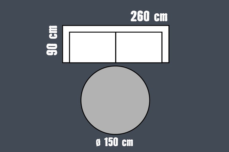 Rond tapijt met een diameter van 150 centimeter voor een bank met een breedte van 260 centimeter en een diepte van 90 centimeter.