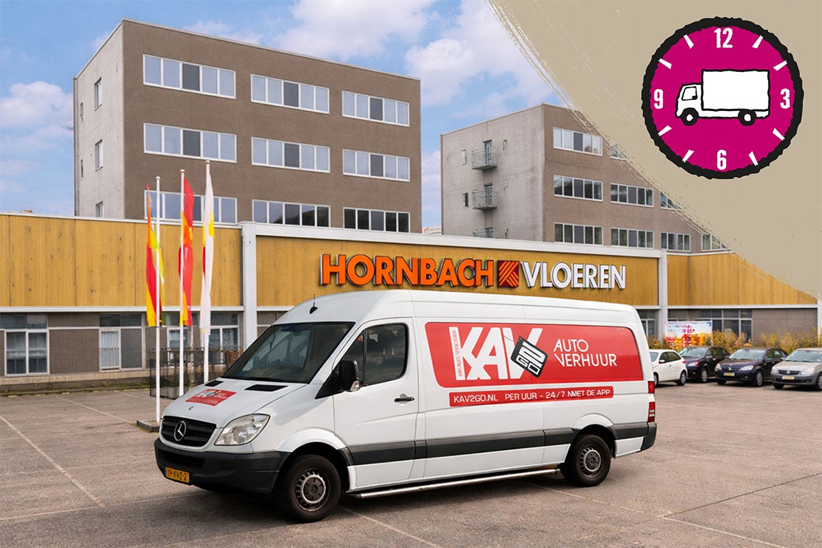 Witte huurbus van KAV Autoverhuur voor een Hornbach Vloeren vestiging met een symbool voor bezorgservice.