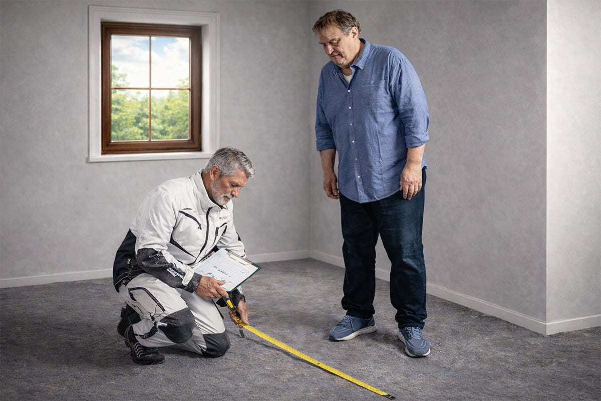 Vakman in werkkleding knielt op een grijze vloer en meet met rolmaat en klembord in het bijzijn van een klant in een lichte kamer met raam.