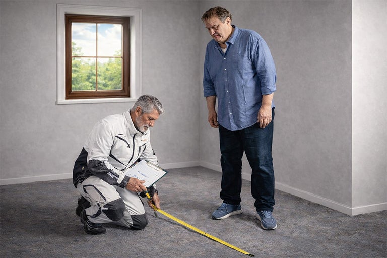 Vakman in werkkleding knielt op een grijze vloer en meet met rolmaat en klembord in het bijzijn van een klant in een lichte kamer met raam.