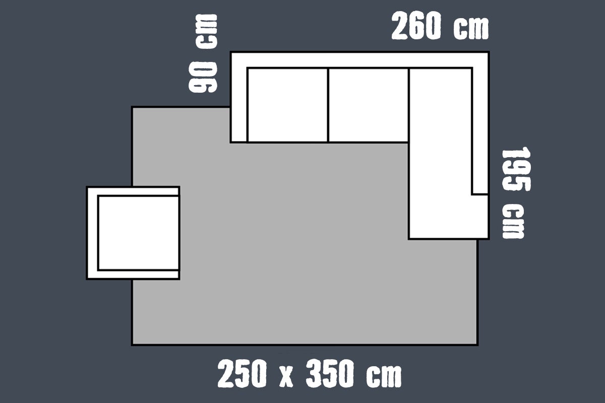 Schema van een tapijt van 250 bij 350 centimeter onder een hoekbank van 260 bij 195 bij 90 centimeter en een fauteuil.