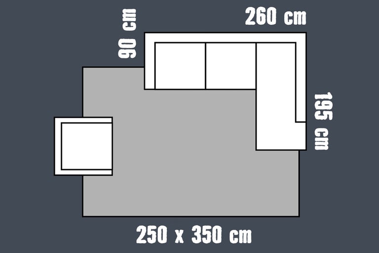 Schema van een tapijt van 250 bij 350 centimeter onder een hoekbank van 260 bij 195 bij 90 centimeter en een fauteuil.