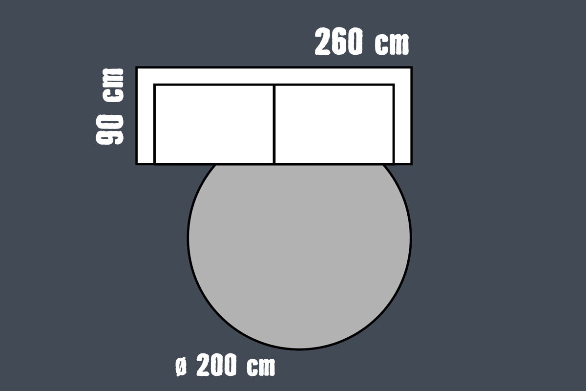 Illustratie van een bank van 260 bij 90 centimeter en een rond vloerkleed met een diameter van 200 centimeter.