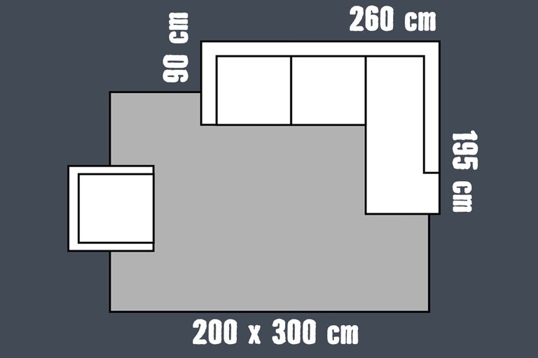 Plattegrond van een tapijt van 200 bij 300 centimeter onder een hoekbank van 260 bij 195 centimeter en een fauteuil.