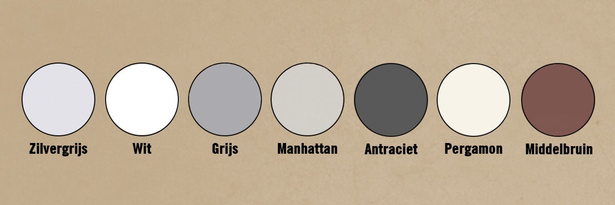 Overzicht van zeven ronde kleurstalen in zilvergrijs, wit, grijs, manhattan, antraciet, pergamon en middelbruin.