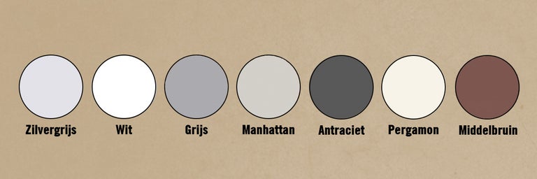 Overzicht van zeven ronde kleurstalen in zilvergrijs, wit, grijs, manhattan, antraciet, pergamon en middelbruin.