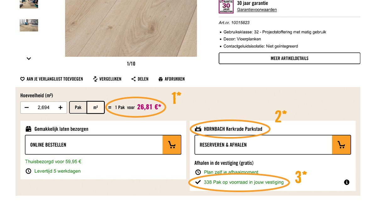 Hornbach productpagina voor laminaat met prijs per pak, vestigingskeuze en voorraadinformatie voor de optie reserveren en afhalen.
