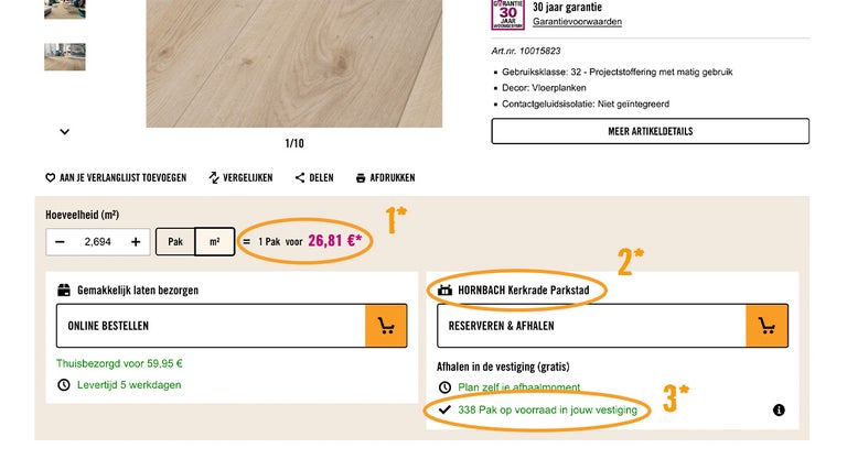Hornbach productpagina voor laminaat met prijs per pak, vestigingskeuze en voorraadinformatie voor de optie reserveren en afhalen.