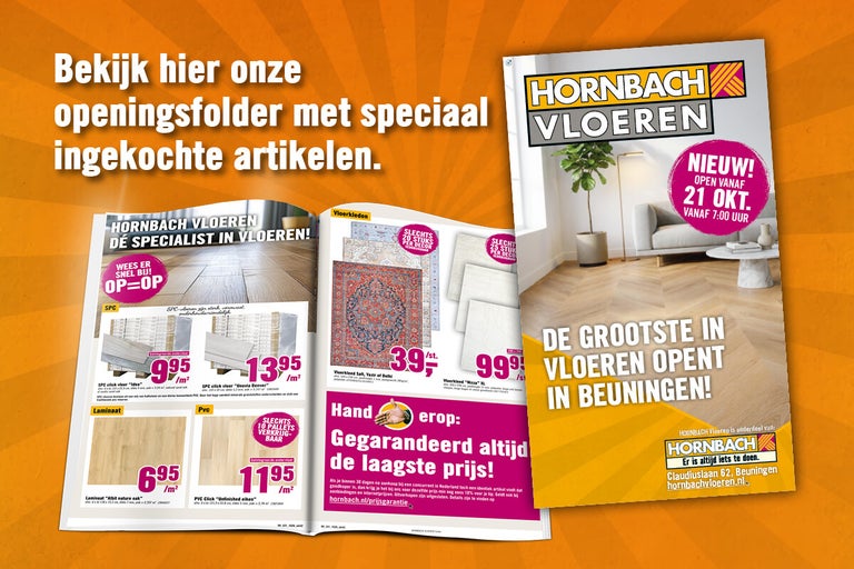 Hornbach promotiefolder voor vloeren met diverse SPC laminaat en PVC vloeren en vloerkleden inclusief prijzen en vestigingsinformatie.