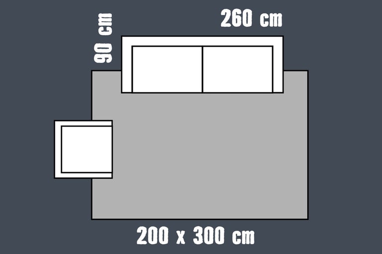 Illustratie voor tapijtplaatsing onder bank (260 bij 90 centimeter) en fauteuil. Tapijtafmetingen zijn 200 bij 300 centimeter.