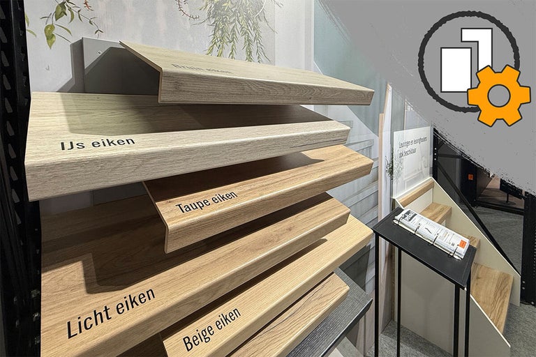 Display met verschillende overzetreden voor traprenovatie in eikenhoutlook met pictogram voor de configuratieservice.