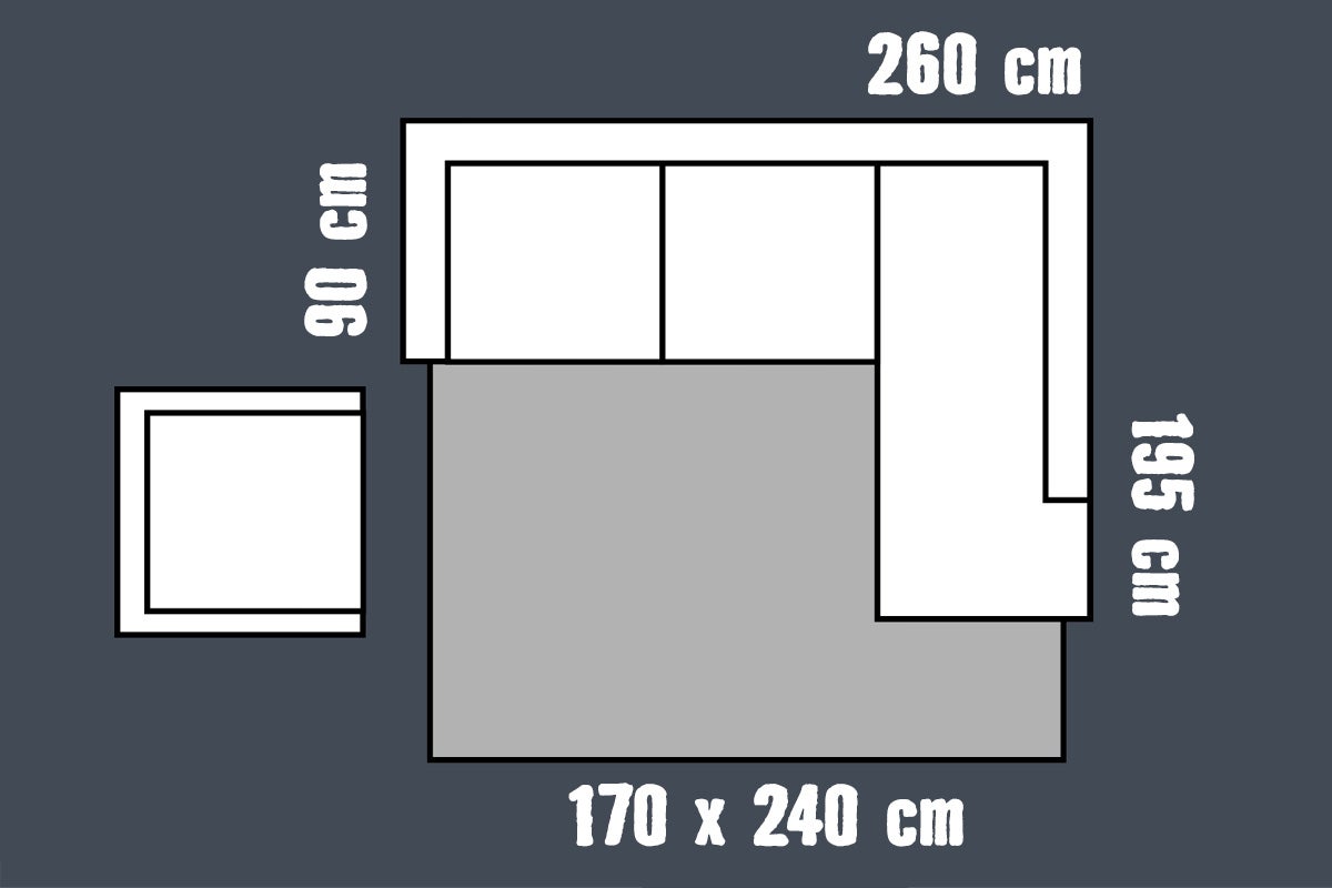 Maatschets van een hoekbank: breedte 260 centimeter, diepte 195 centimeter, zitdiepte 90 centimeter en tapijt 170 bij 240 centimeter.
