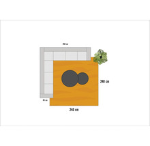 Plattegrond van een woonkamer met bank, salontafel en plant