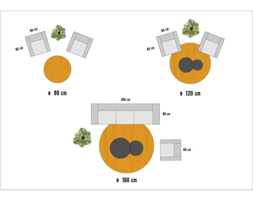 Schets van drie zitgroepen met fauteuils, banken en ronde tafels in verschillende formaten.