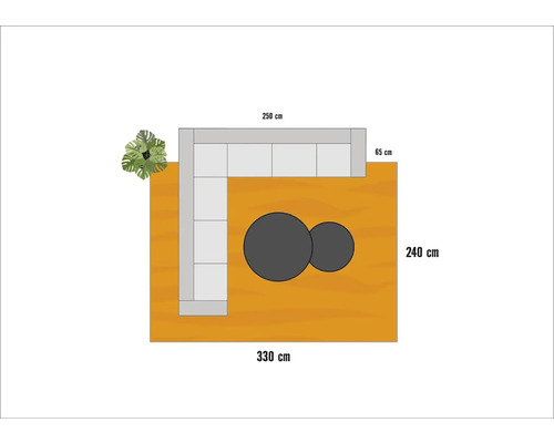 Bovenaanzicht van een tuinzitgroep met bank en tafel op een oppervlak met maatvoering.