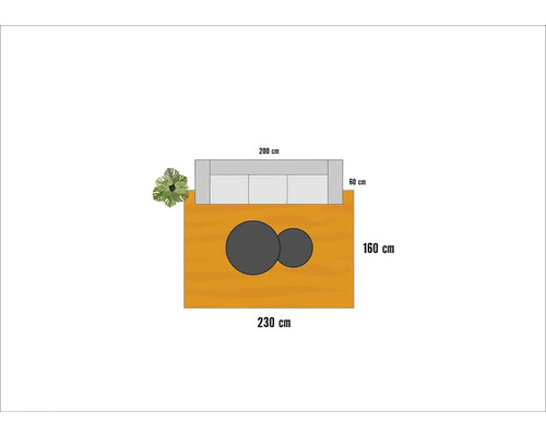 Plattegrond met bank, tafel en plant met afmetingen