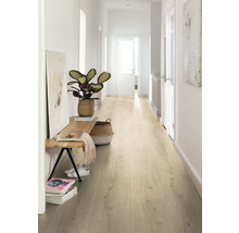 Hal met lichte laminaatvloer, bank, plant en decoraties