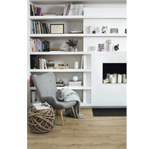 Woonkamer met boekenkast, fauteuil en decoratie