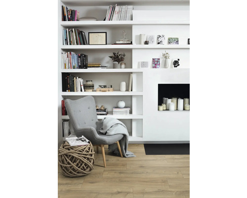 Woonkamer met boekenkast, fauteuil en decoratie