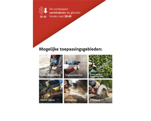 Mogelijke toepassingen van gehoorbescherming: pneumatische hamer, klopboormachine, elektrische heggenschaar, haakse slijper, kettingzaag, cirkelzaag