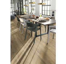 Eetkamer met houten vloer, eettafel en stoelen in verschillende kleuren.