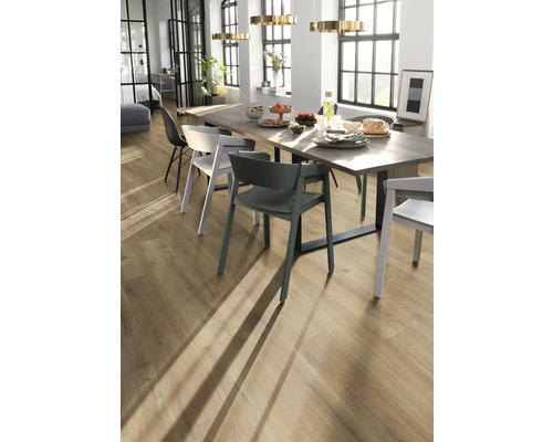 Eetkamer met houten vloer, eettafel en stoelen in verschillende kleuren.