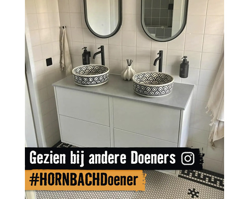 Badkamer met twee waskommen op een wastafelonderkast, twee spiegels en bijpassende kranen.