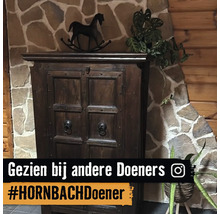 Donkere houten kast in landelijke stijl voor een natuurstenen muur met een decoratief schommelpaard en kamerplanten.