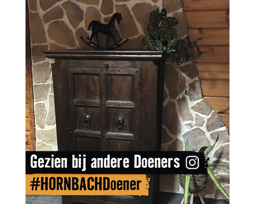 Donkere houten kast in landelijke stijl voor een natuurstenen muur met een decoratief schommelpaard en kamerplanten.