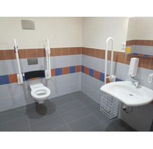 Toegankelijke badkamer met hangend toilet, opklapbare steunbeugels, wastafel, zeepdispenser en tegels in diverse kleuren.
