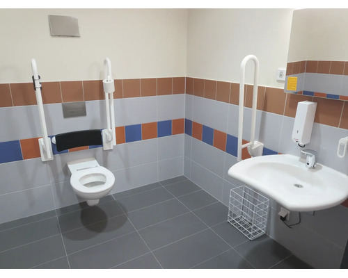 Toegankelijke badkamer met hangend toilet, opklapbare steunbeugels, wastafel, zeepdispenser en tegels in diverse kleuren.